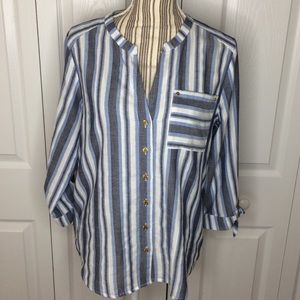 Anne Klein blue striped cotton button down shirt